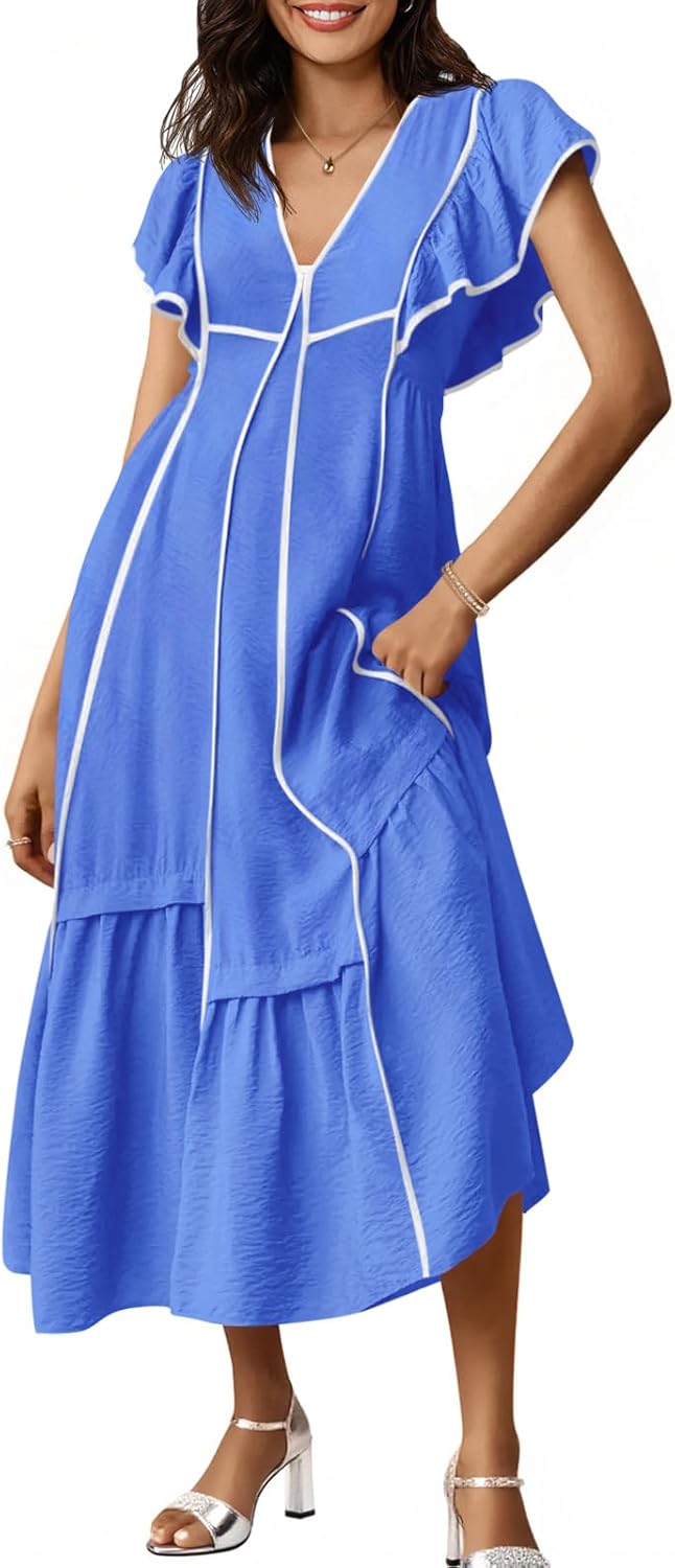 Wenrine Womens Summer V Neck Midi Dress for Casual Style