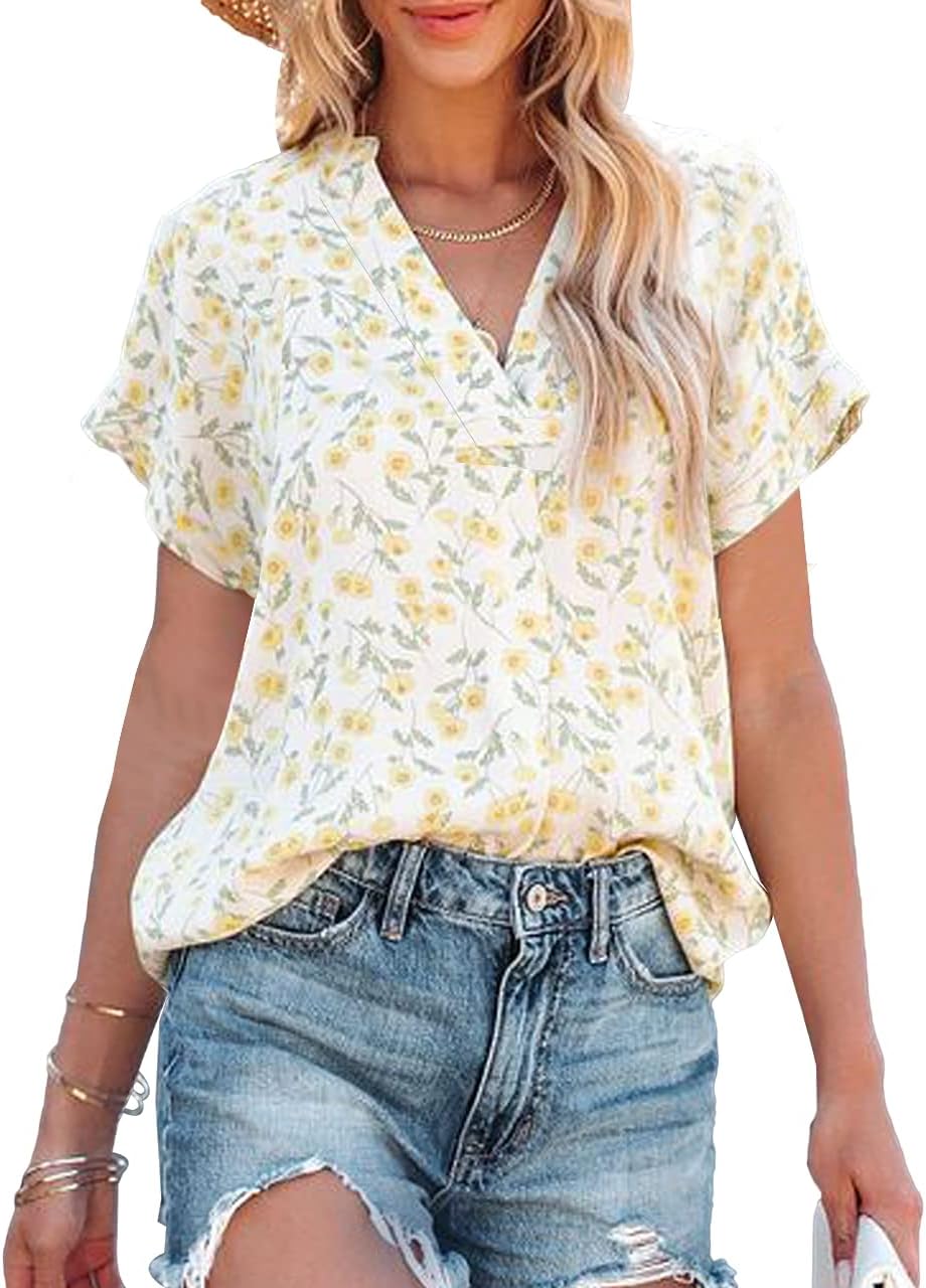 Allimy Women Summer Casual Split V Neckline Floral Blouses