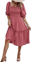 Women's Summer Floral Smocked Midi Dress - Puff Sleeve Square Neck