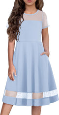 Tween Girls Dress Formal Contrast Mesh Short Sleeve