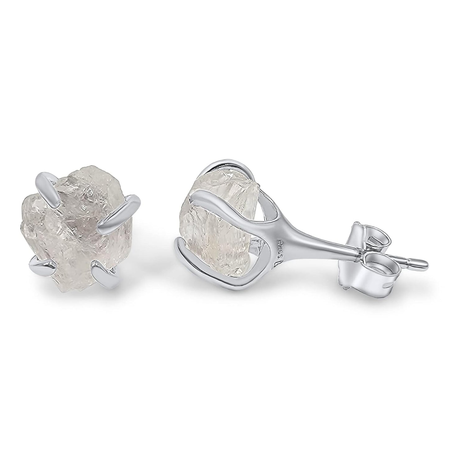 Natural Raw Clear Quartz Stud Earrings in White Gold Over Silver