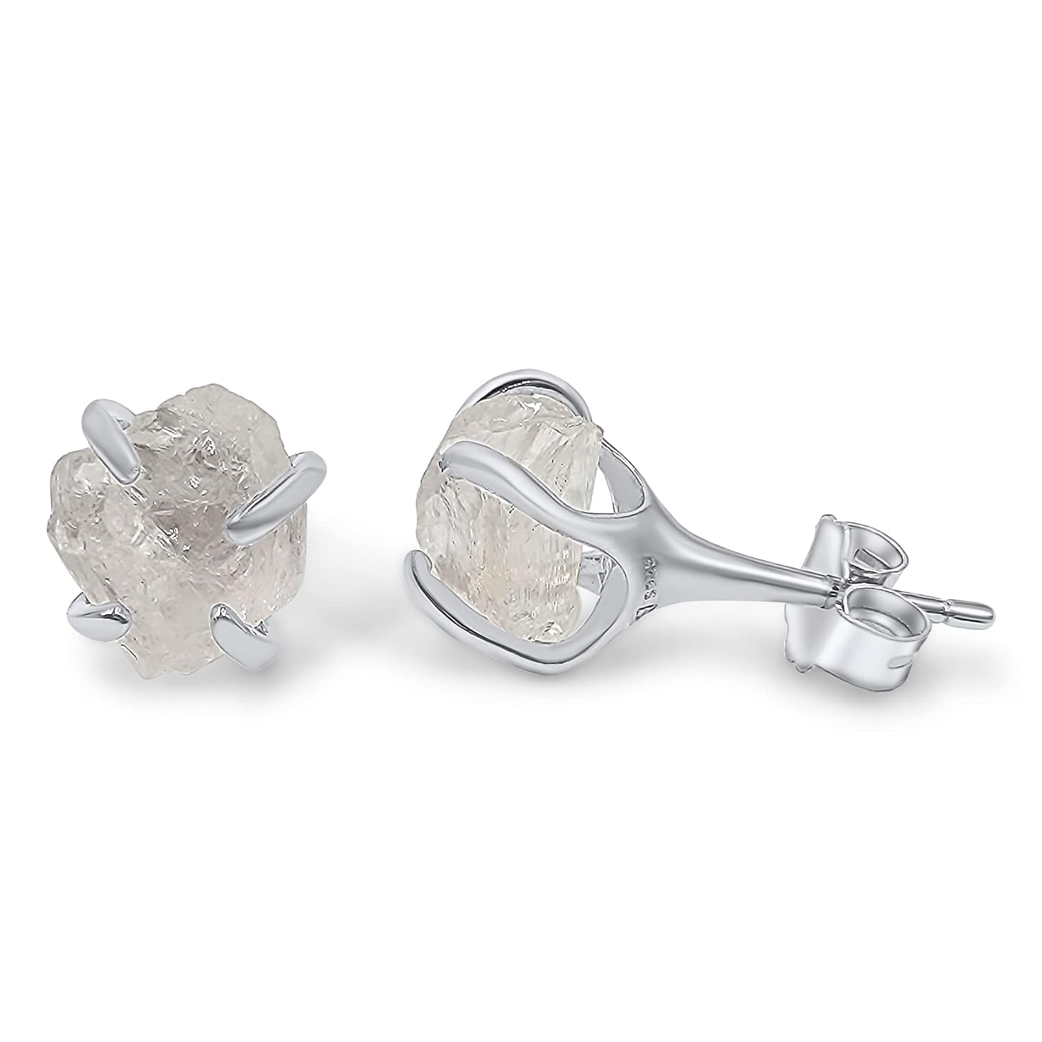 Natural Raw Clear Quartz Stud Earrings in White Gold Over Silver