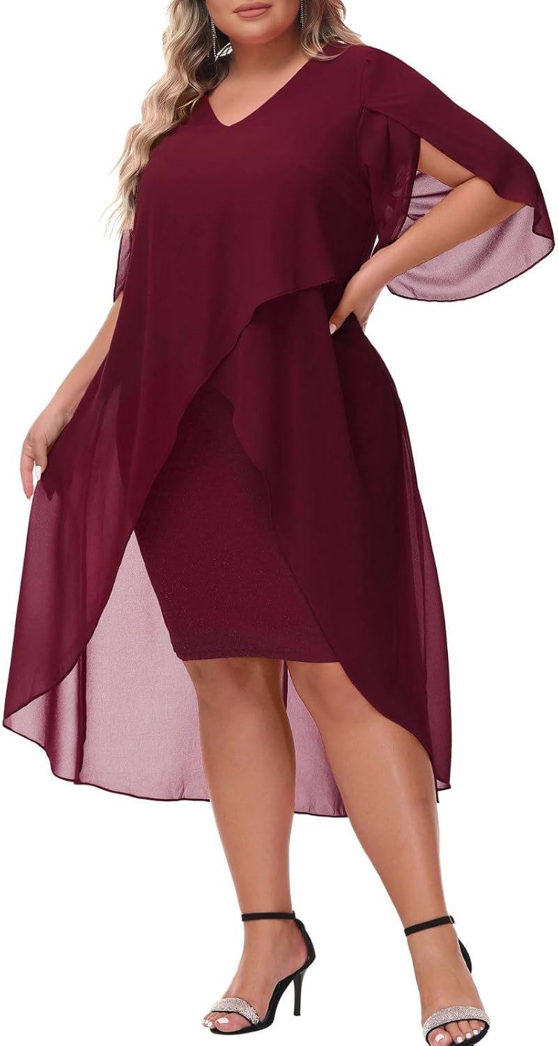 Plus Size Chiffon Cocktail Dress with Ruffle Sleeves for Parties