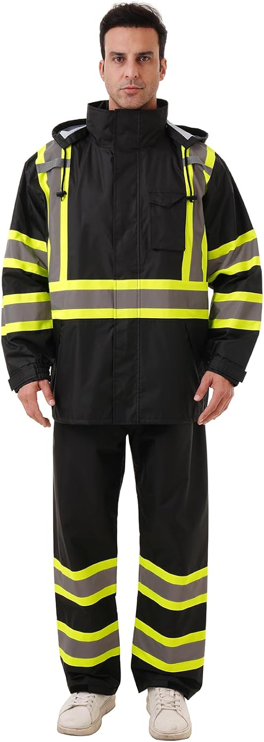 Hi Vis Safety Rain Jacket with Reflective Class 3 Features