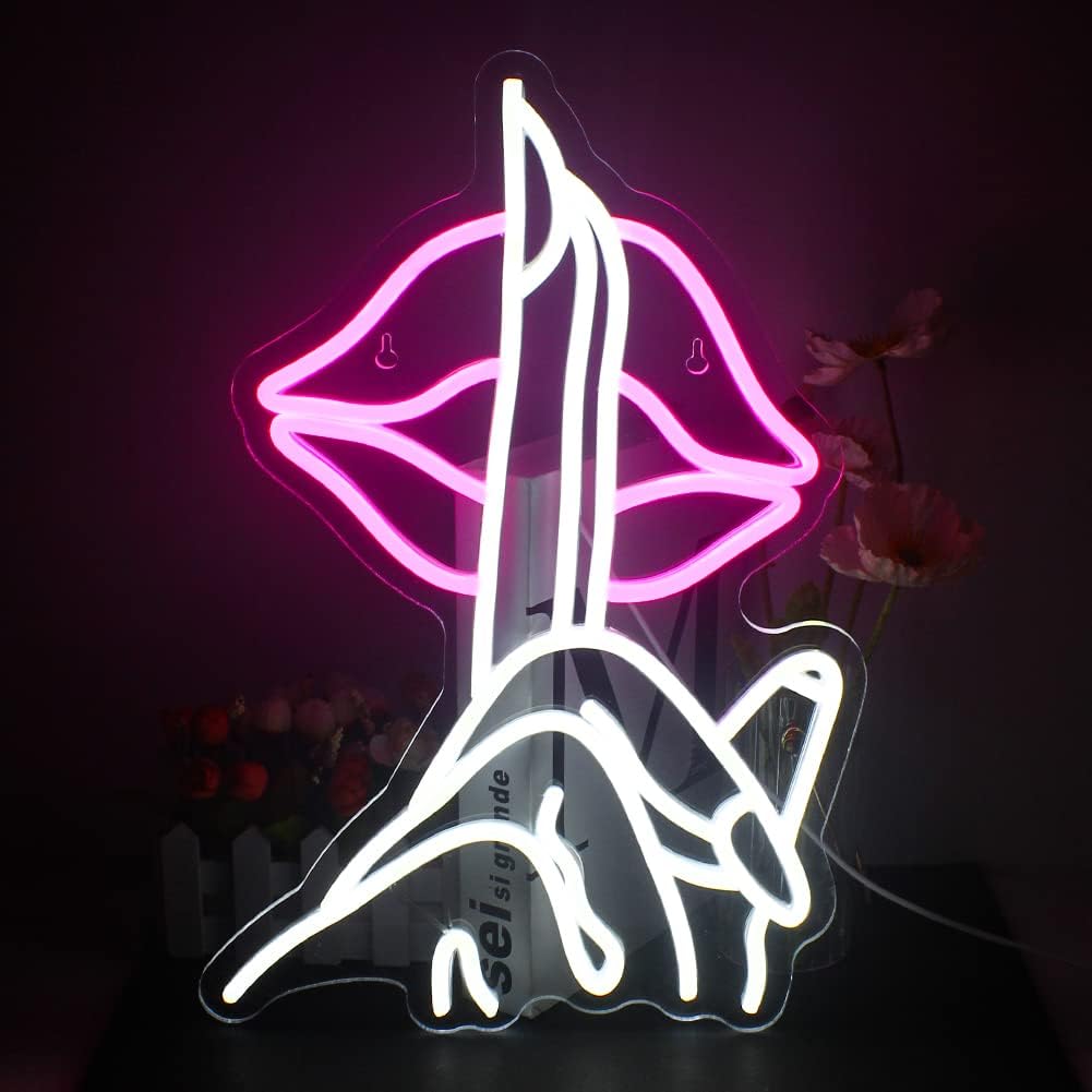 Lips Neon Sign Shh Gesture LED Lights for Chic Wall Decor
