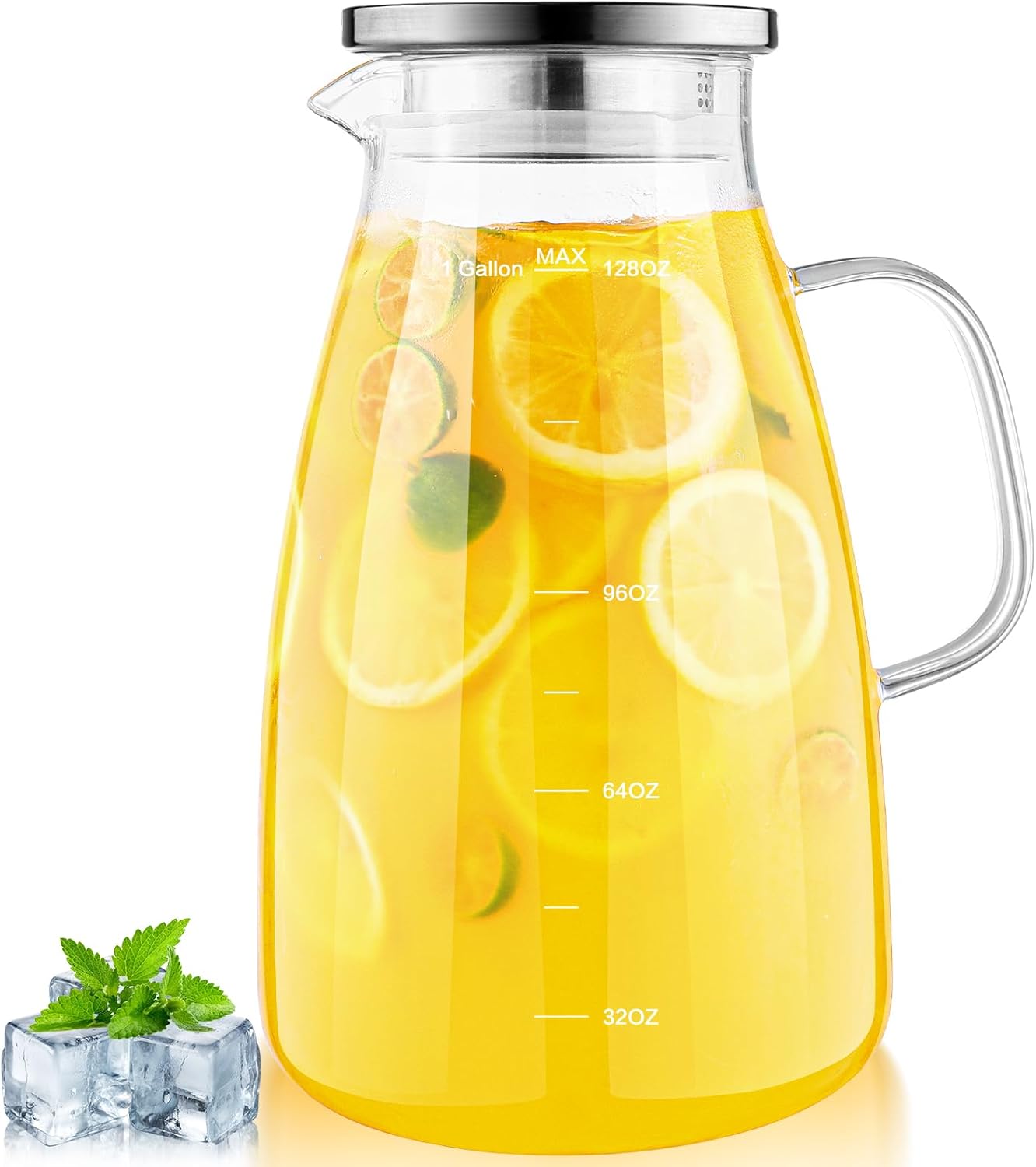 1 Gallon Glass Pitcher with Lid for Hot and Cold Drinks