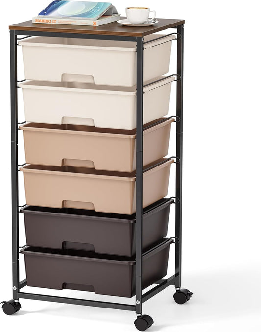 Rolling Storage Cart with 6 Drawers and Wooden Tabletop for All