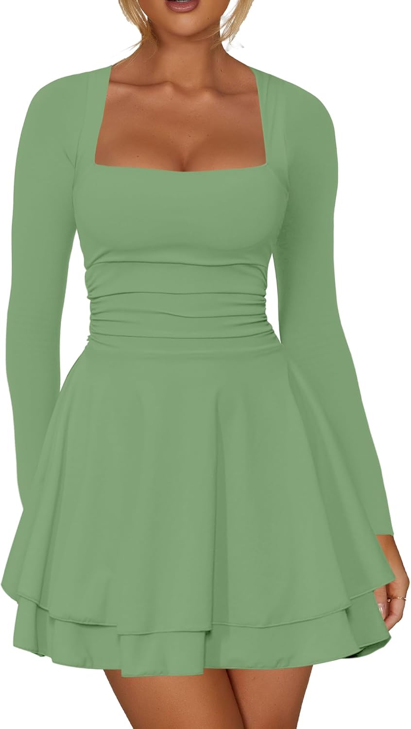 Kaximil Women's Square Neck Ruffle Hem Mini Dress for Parties
