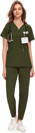 COZYFIT Medical Scrubs for Women Set - 8 Pockets & Curved V-Neck