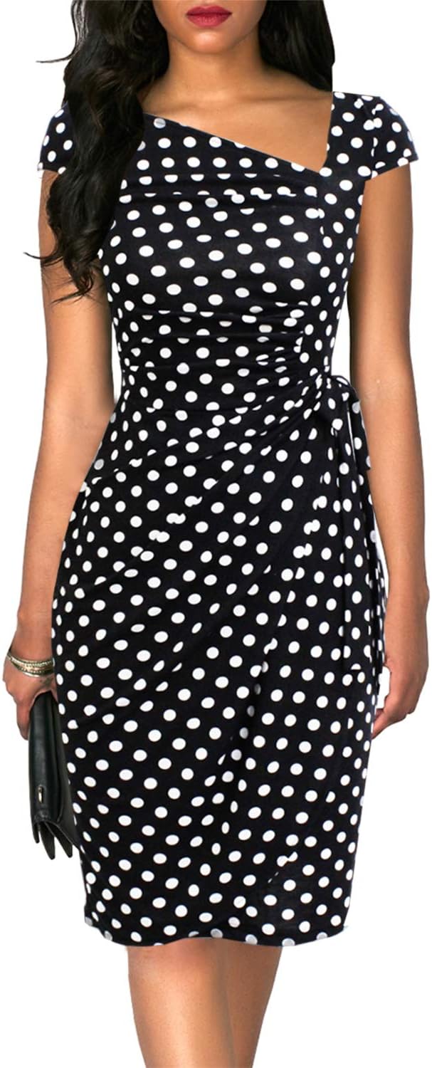 Women's Vintage Cap Sleeve Asymmetrical Neckline Bodycon Dress