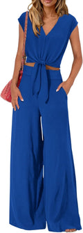 Women's Summer 2 Piece Outfits V Neck Belted Crop Top & Wide Leg Pants