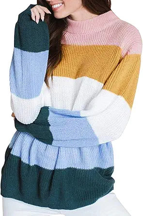 MEROKEETY Women's Crew Neck Long Sleeve Color Block Knit Sweater