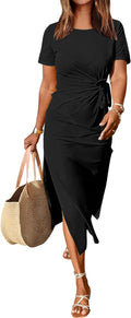 Women's Slim Fit Summer Maxi TShirt Dress - Tie Waist, Short Sleeve