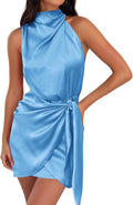 Satin Sleeveless Halter Neck Tie Waist Bodycon Mini Dress