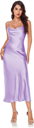 Women's Spaghetti Strap Midi Satin Slip Dress - Cowl Neck Sexy Fit
