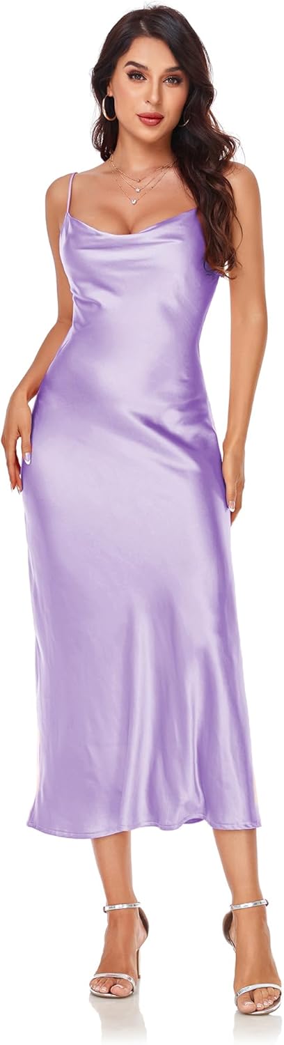 Women's Spaghetti Strap Midi Satin Silk Dress for Parties