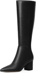 Knee High Boots for Women Chunky Heel Pointed Toe Black Knee Boots