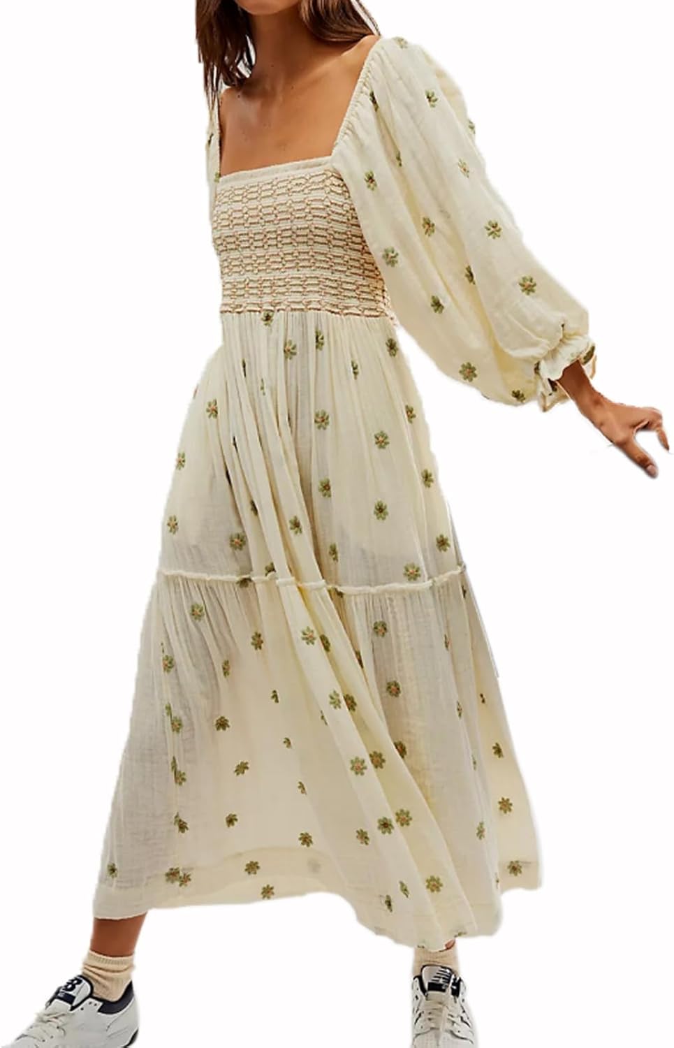 Women Floral Embroidered Maxi Dress with Puff Sleeves and Pockets