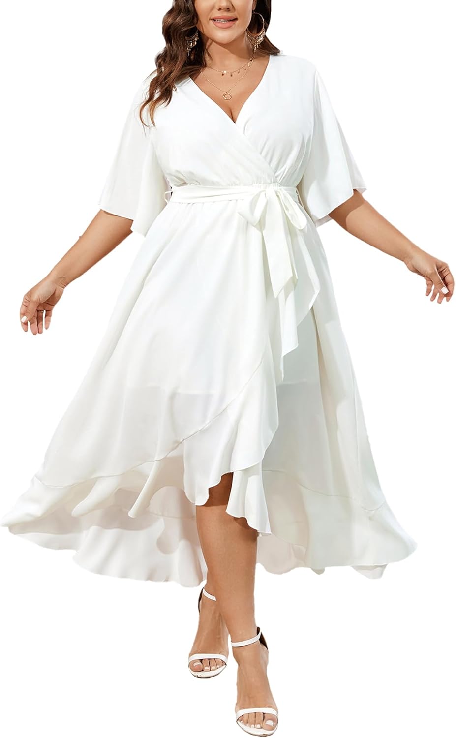 SCOMCHIC Plus Size Maxi Dress with High Low Split Ruffle Design