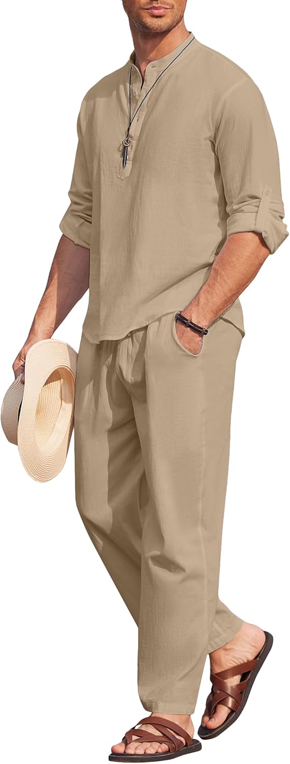 Men's 2 Piece Cotton Linen Set for Casual Summer Outfits