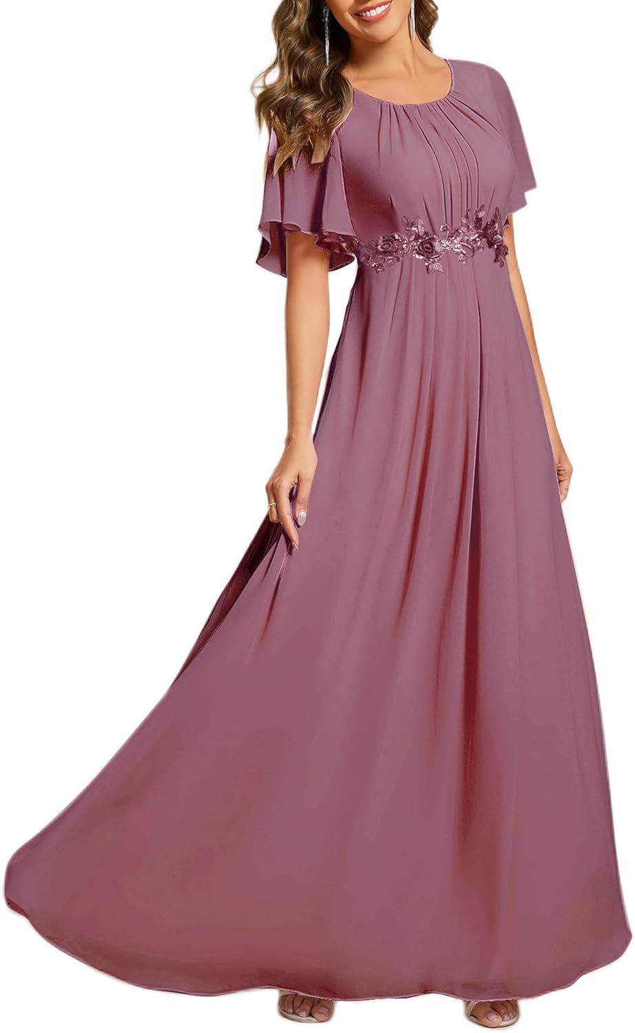 Elegant Floor Length A Line Evening Dress with Floral Appliques