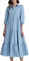 Women Button Down Maxi Shirt Dress with Pockets - Flowy Tiered Fit
