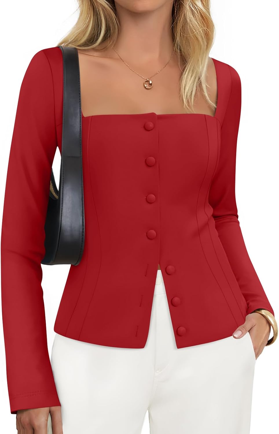 ZESICA Women's Fall Square Neck Blazers for Casual Work Style