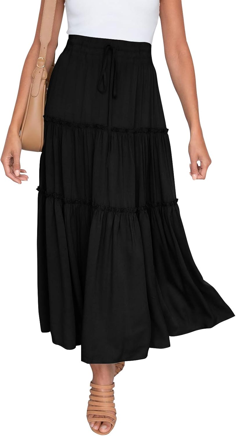 Womens Summer Flowy Boho Maxi Skirt with Pockets for Style