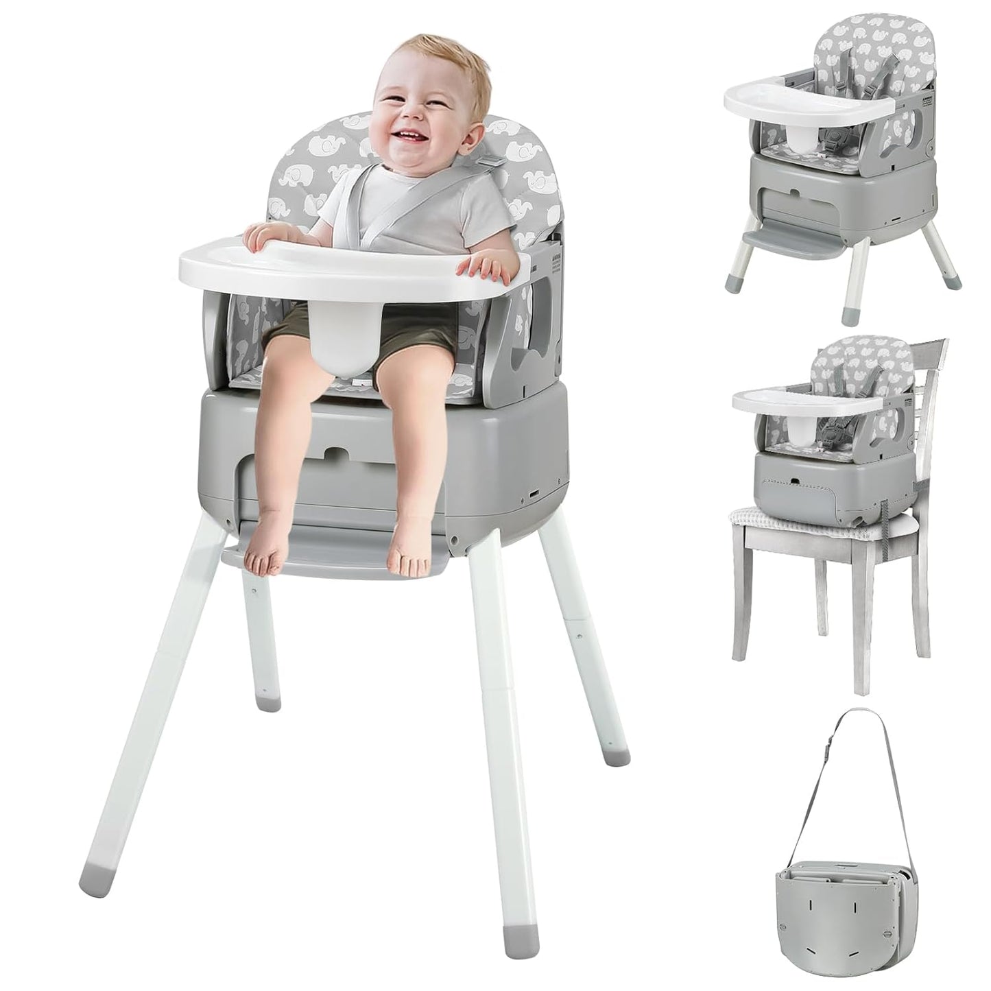 Portable 4-in-1 High Chair, Carry Small Box, 5-Point Harness, Grey