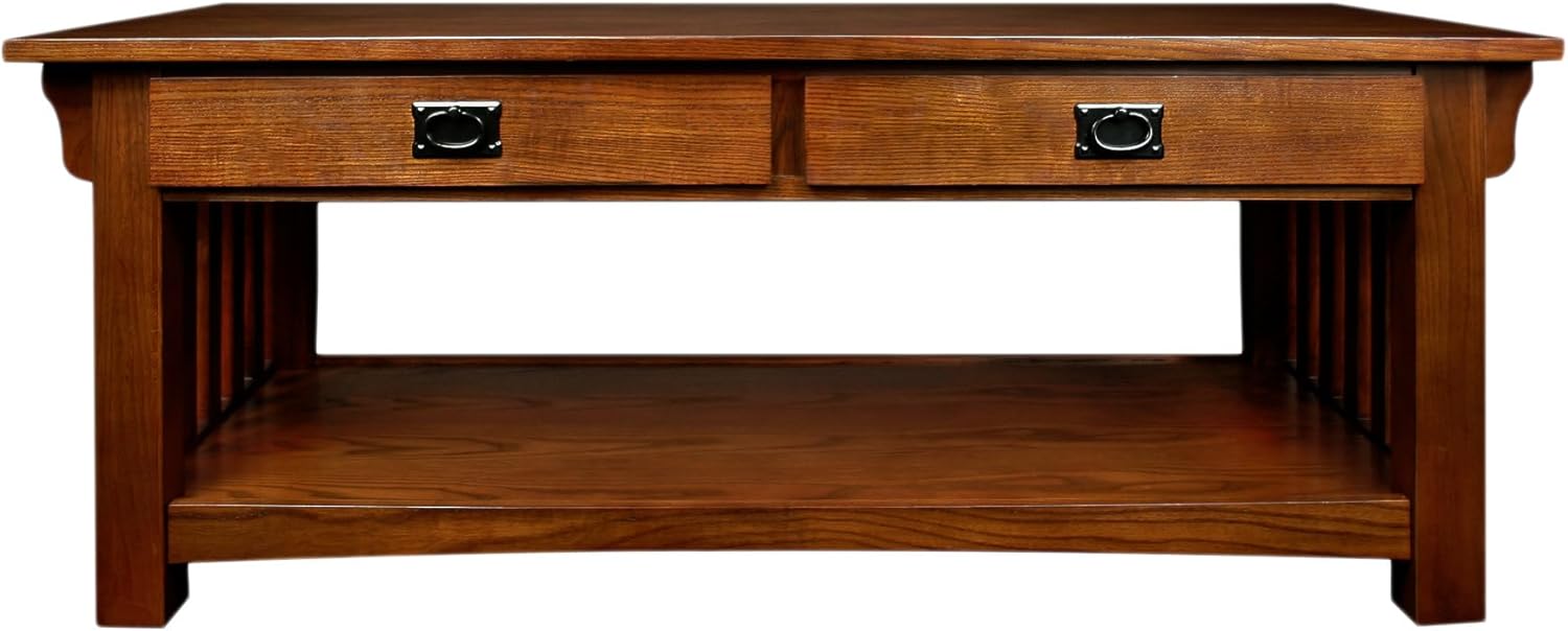 Solid Wood Mission Coffee Table, Two Drawers, Medium Oak
