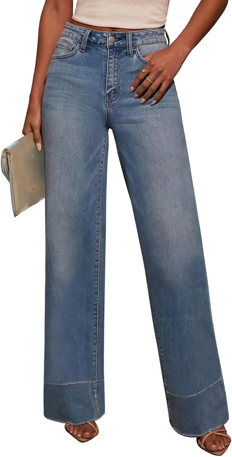 Trendy Wide Leg High Waisted Jeans for Women with Tummy Control