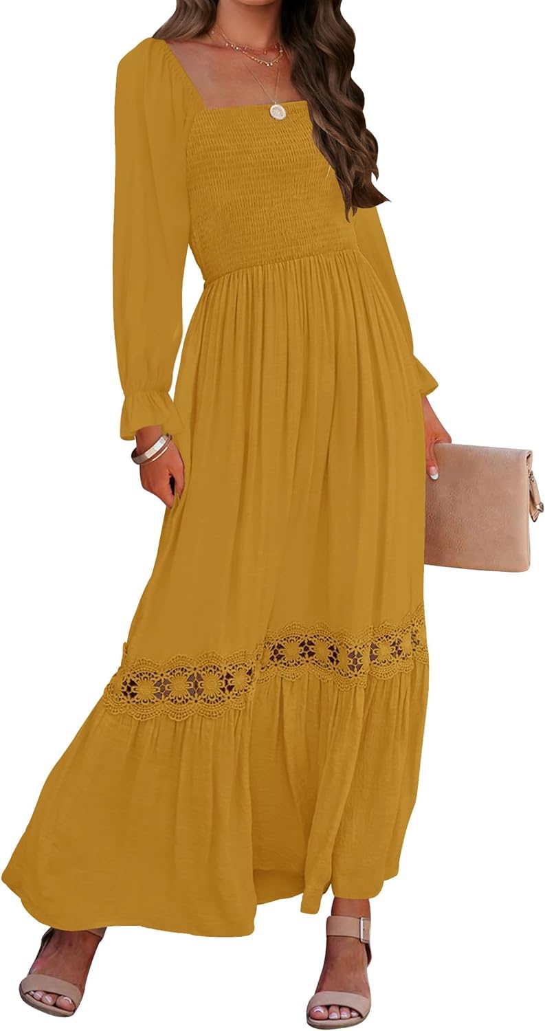 ZESICA Women's Boho Long Sleeve Square Neck Maxi Dress Review