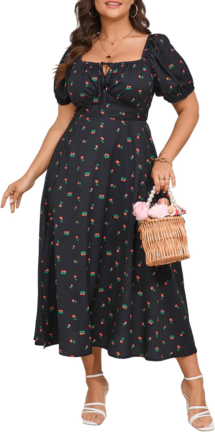 Plus Size Summer Dress Short Sleeve Square Neck A-Line Maxi