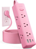 Pink Power Strip Surge Protector 15ft with USB Ports - Stylish Power