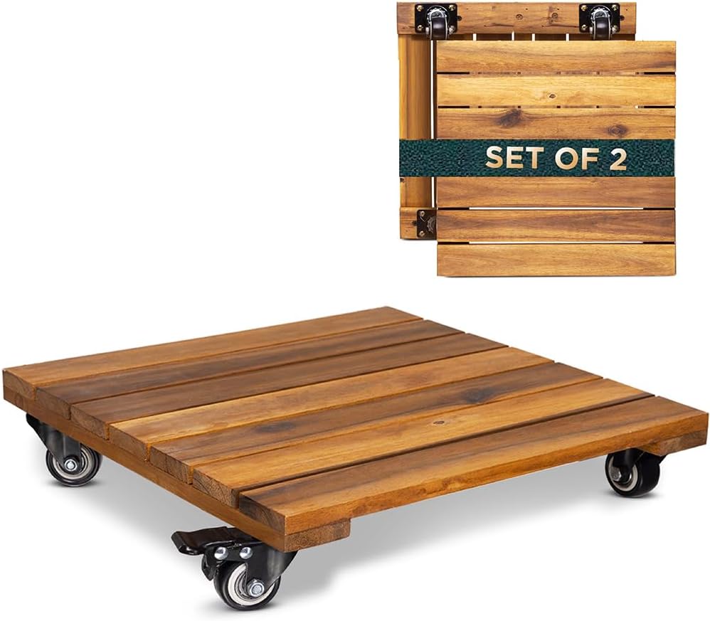 Idzo 2-Pack 14 Inch Wood Plant Caddy with Wheels for Heavy Pots