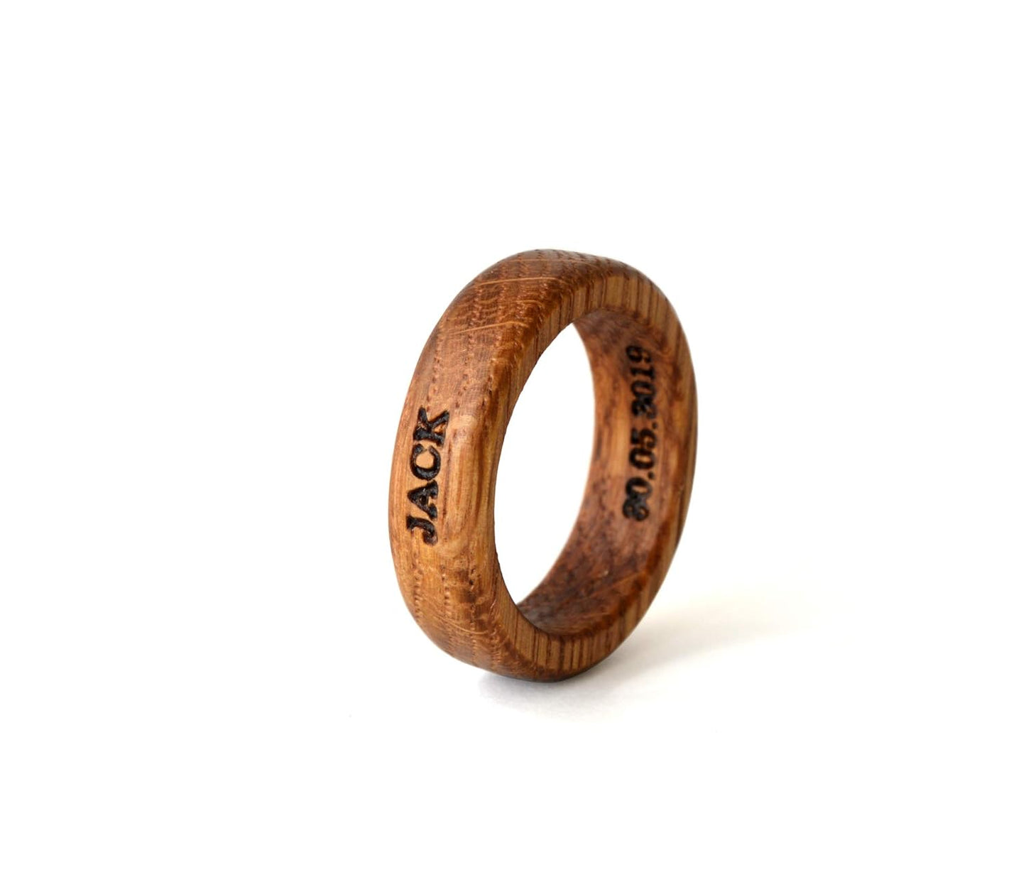 Whiskey Barrel Ring - Unique Engraved Oak Wood Ring for Him