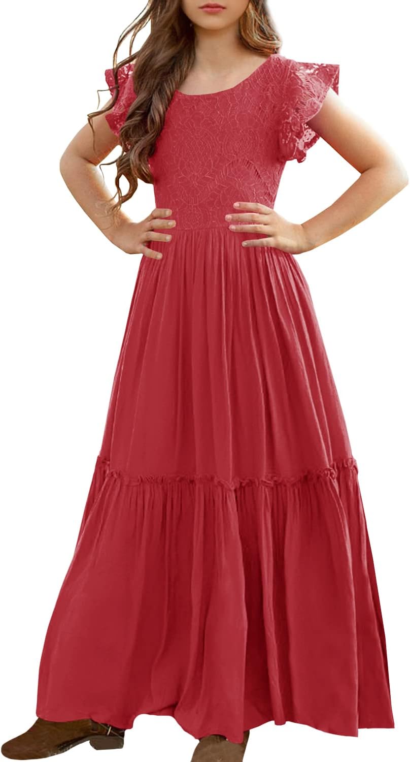 Elegant Girls Lace Flower Ruffle Sleeve A-Line Maxi Dress