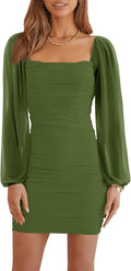 Wenrine Mesh Long Sleeve Square Neck Ruched Bodycon Mini (Style GDPK)