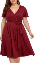 Plus Size Burgundy Wrap Midi Dress for Women - Semi Formal