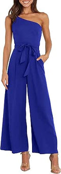 One Shoulder Wide Leg Jumpsuit - Tie Waist Backless Summer Romper