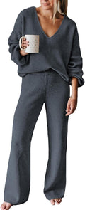 Viottiset Women's 2 Piece V Neck Knit Wide Leg Sweater Lounge Set band