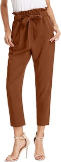 Women's Cropped Paper Bag Waist Pants with Pockets - Versatile Work