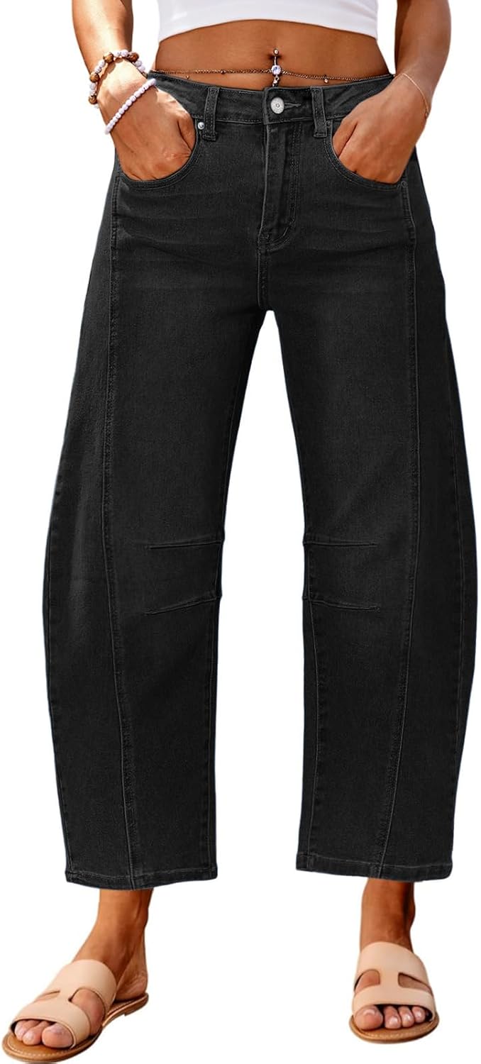 Genleck Barrel Jeans Women Wide Leg Cropped High Waisted Pants
