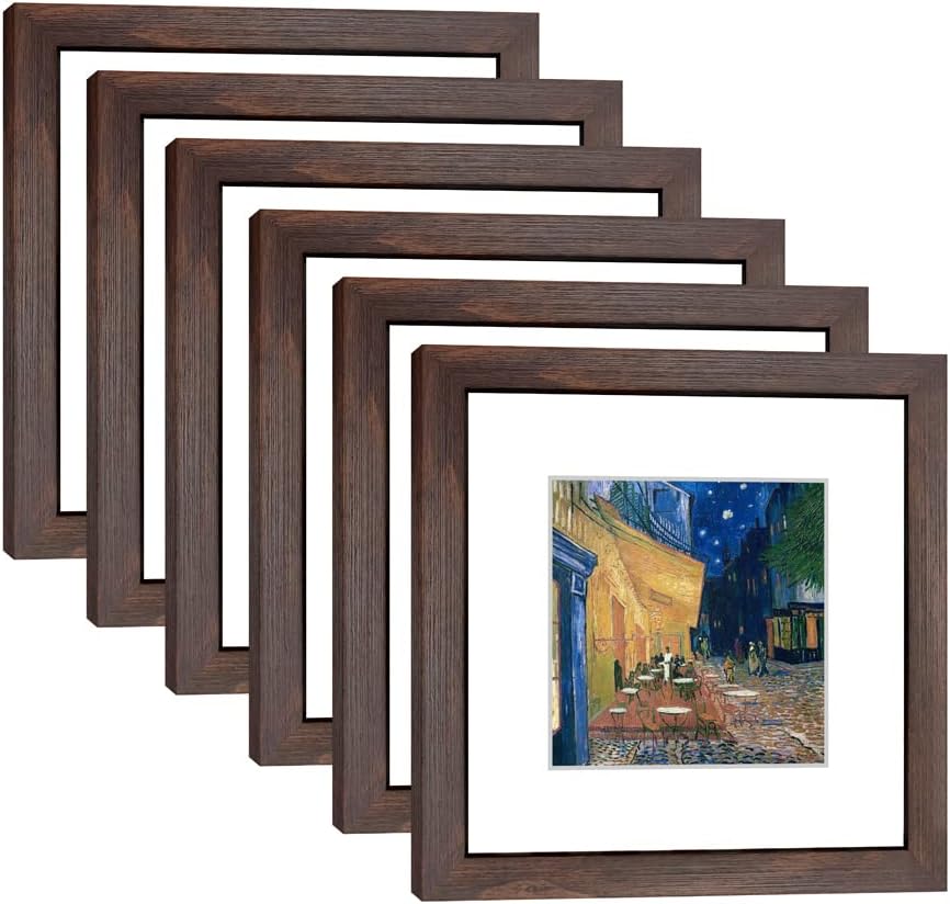 8x8 Walnut Picture Frame Set of 6 with Real Glass for Photos