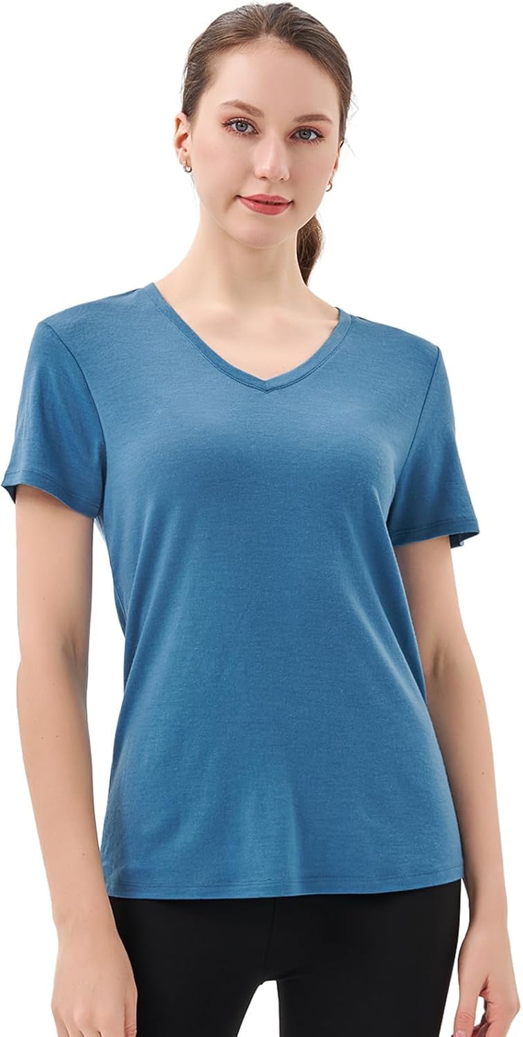 Merino Wool V Neck T-Shirt for Women - Odor Resistant Base Layer
