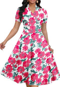 Womens Short Puff Sleeve V Neck A-Line Dress - Classic
