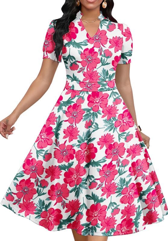 Womens Short Puff Sleeve V Neck Casual Cocktail A-Line Dress