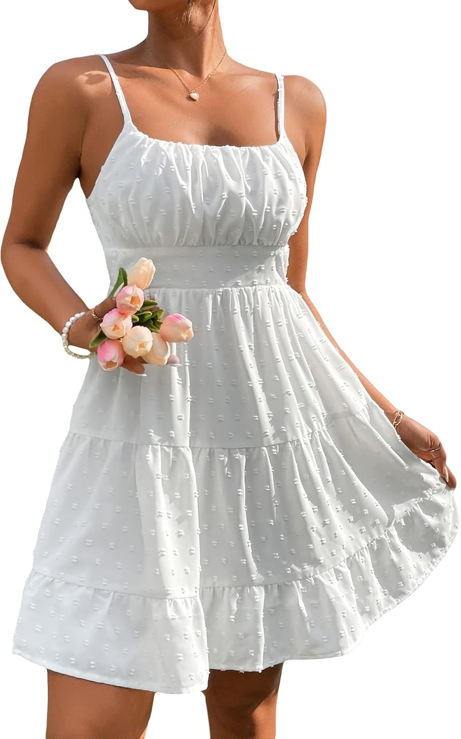 Floerns Women's Swiss Dots Sleeveless Ruffle Hem Cami Dress