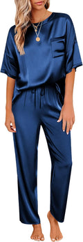 Ekouaer Womens Satin Silky Pajama Set - Short Sleeve Top with Long