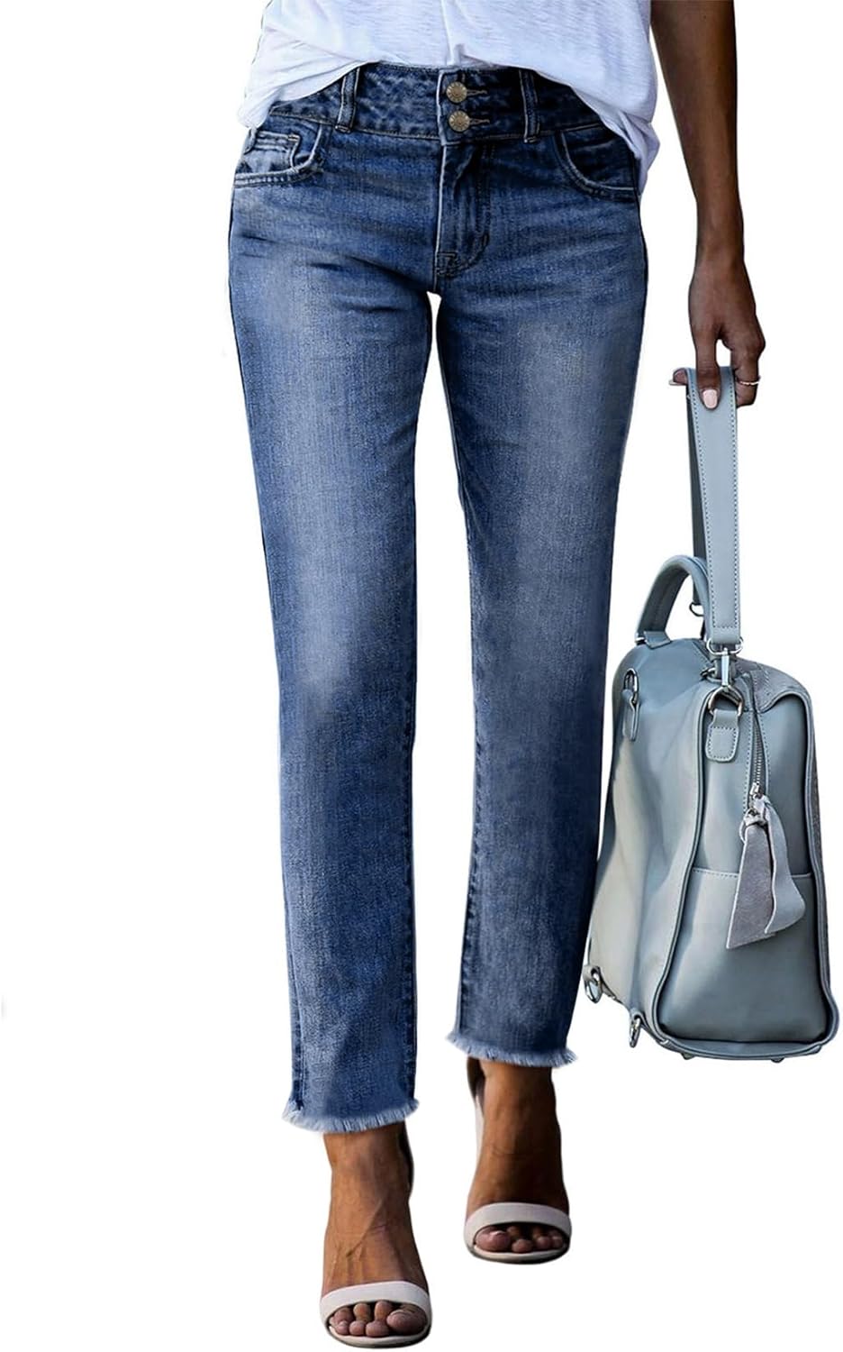 High Waisted Straight Leg Jeans for Women with Raw Hem Style